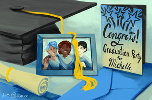 An illustration of a graduation party incite and a cap and diploma with an image of family