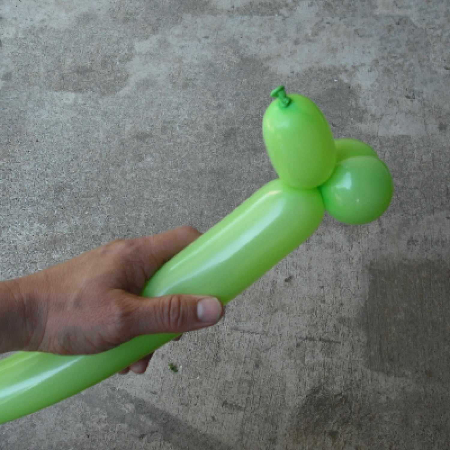Person holding green balloon with dog head.