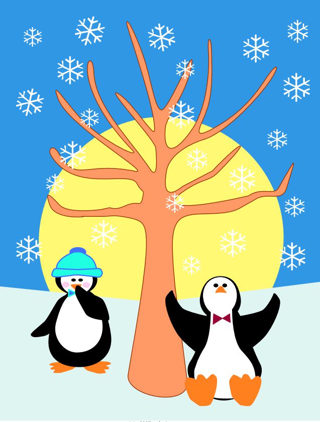 两只企鹅在雪地里玩耍。