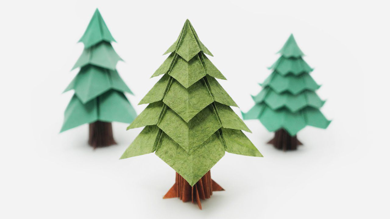 Three origami Christmas trees.