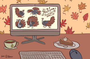 An illustration of a desktop screen with turkey clipart one it. A piece of pumpkin pie and a cup of tea are under the screen.
