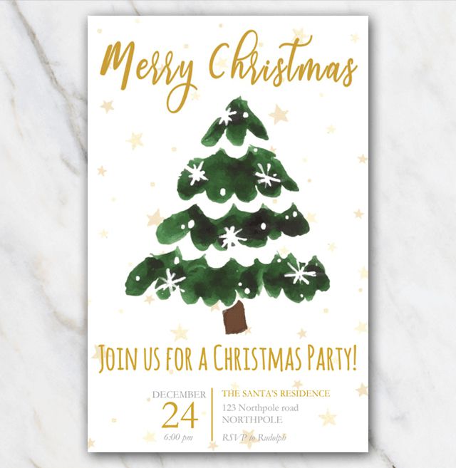 印有金字和绿色圣诞树的圣诞晚会请柬