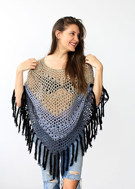 Ombre Poncho Free Crochet Pattern with Fringe