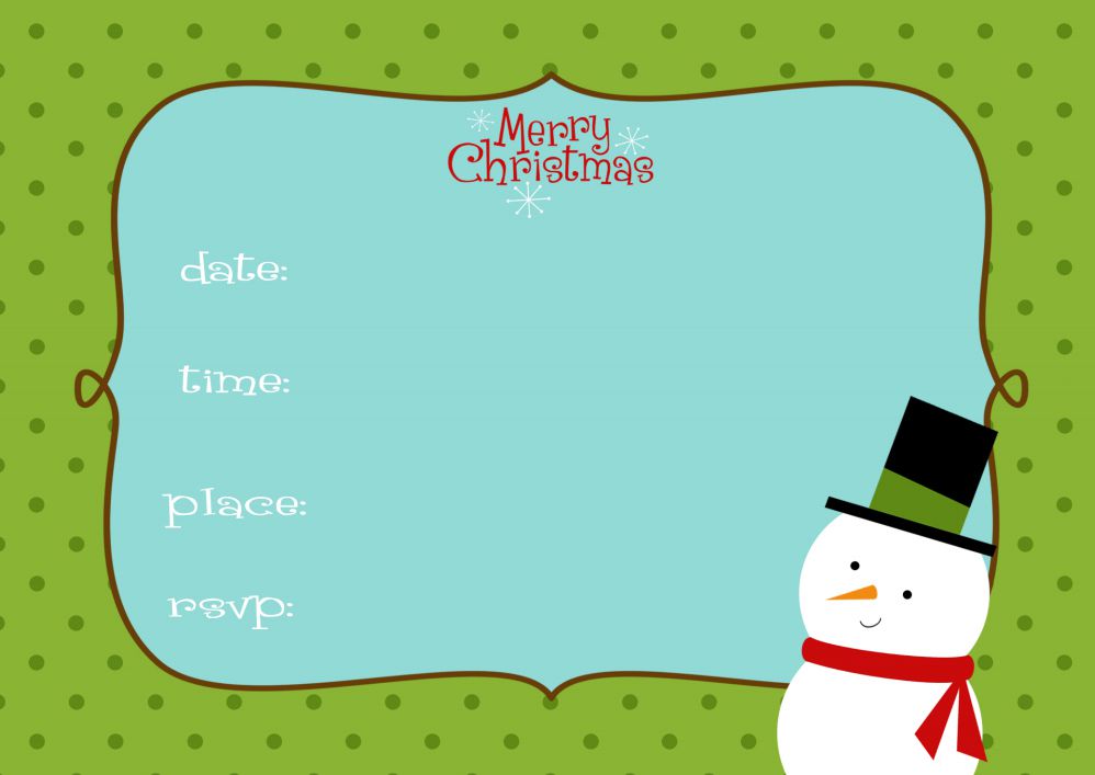 一个绿色的圣诞派对邀请，上面有一个雪人
