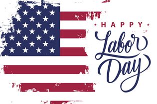 Happy Labor Day holiday banner with brush stroke background in United States national flag colors and hand lettering text design.