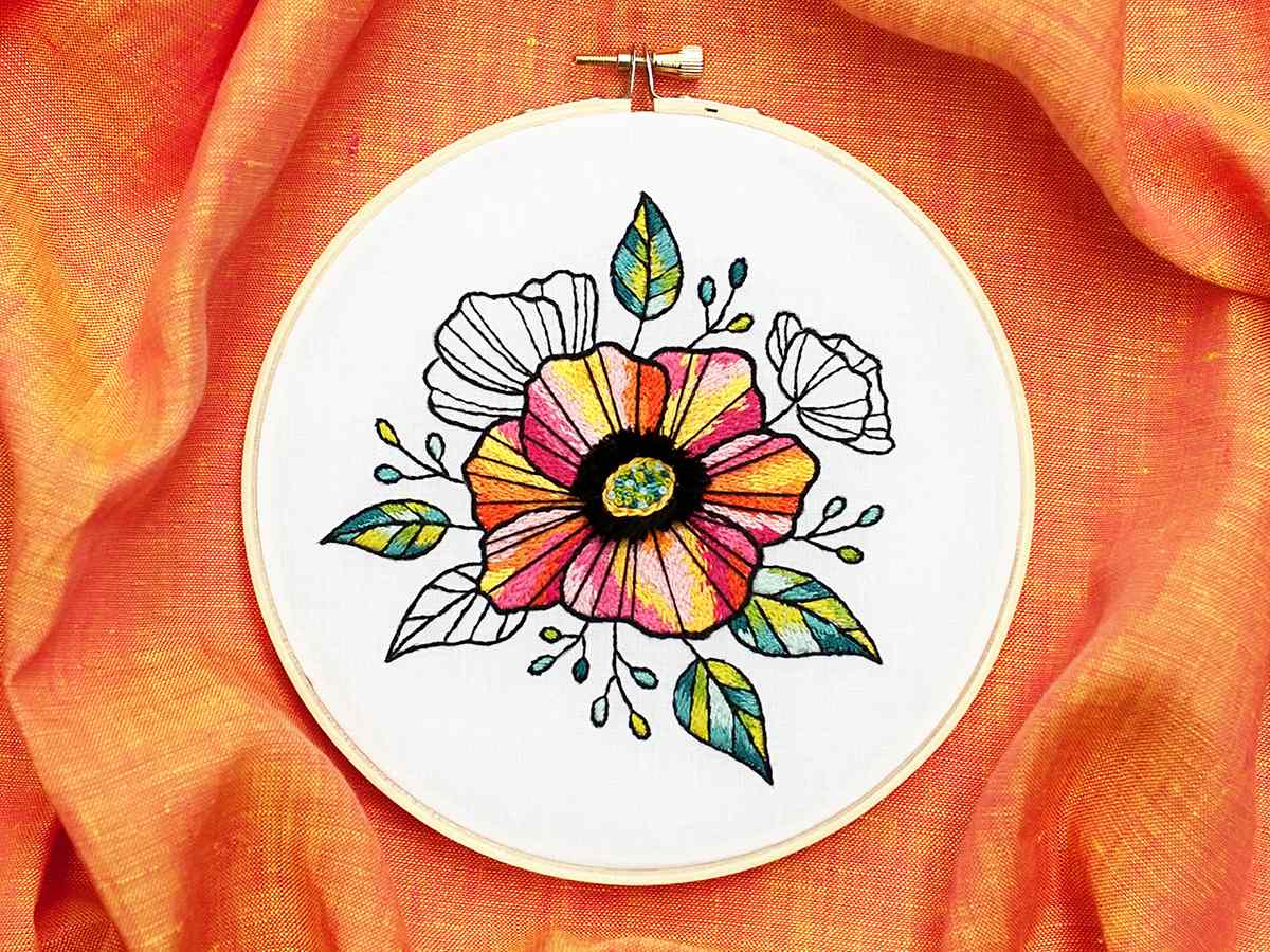 Needle Painted Floral Embroidery on an Orange Background