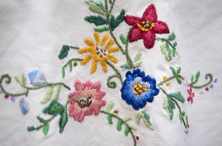 Linen with traditional floral embroidery. Folk concept