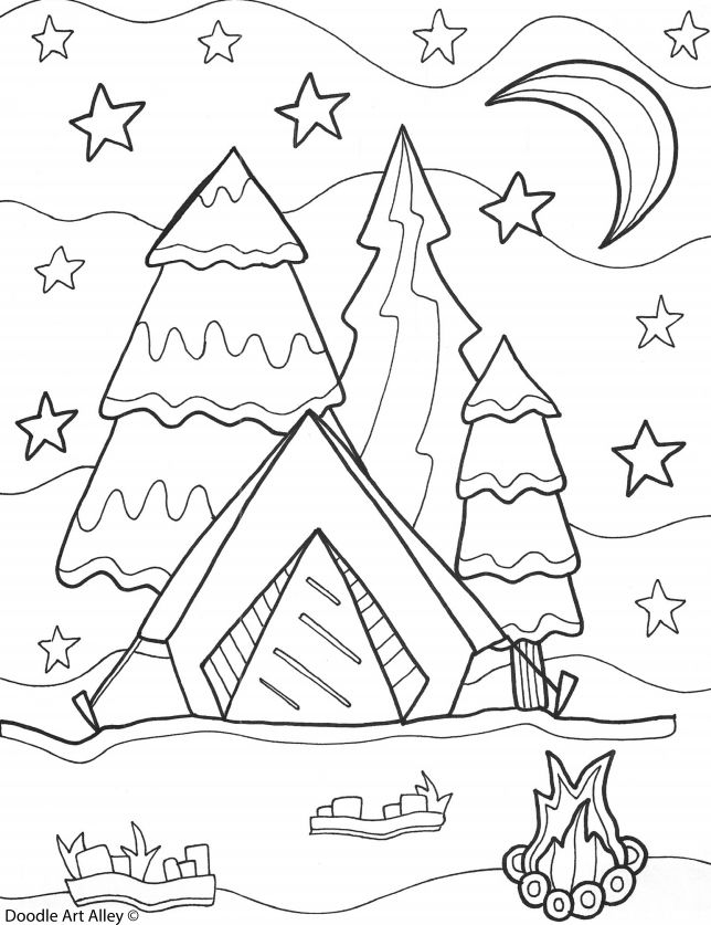 着色页面有一个帐篷,树木,月亮,星星,营火
