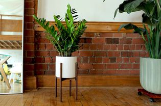 A wooden plant stand by a brick wall