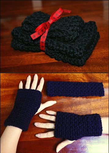 简单的钩针编织的头巾,再加上一双无指手套