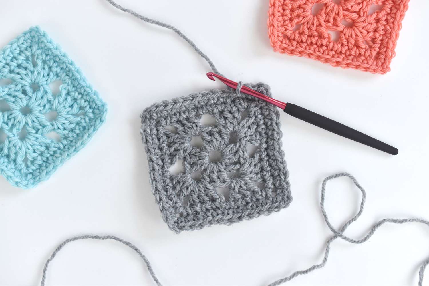 three crochet granny squares