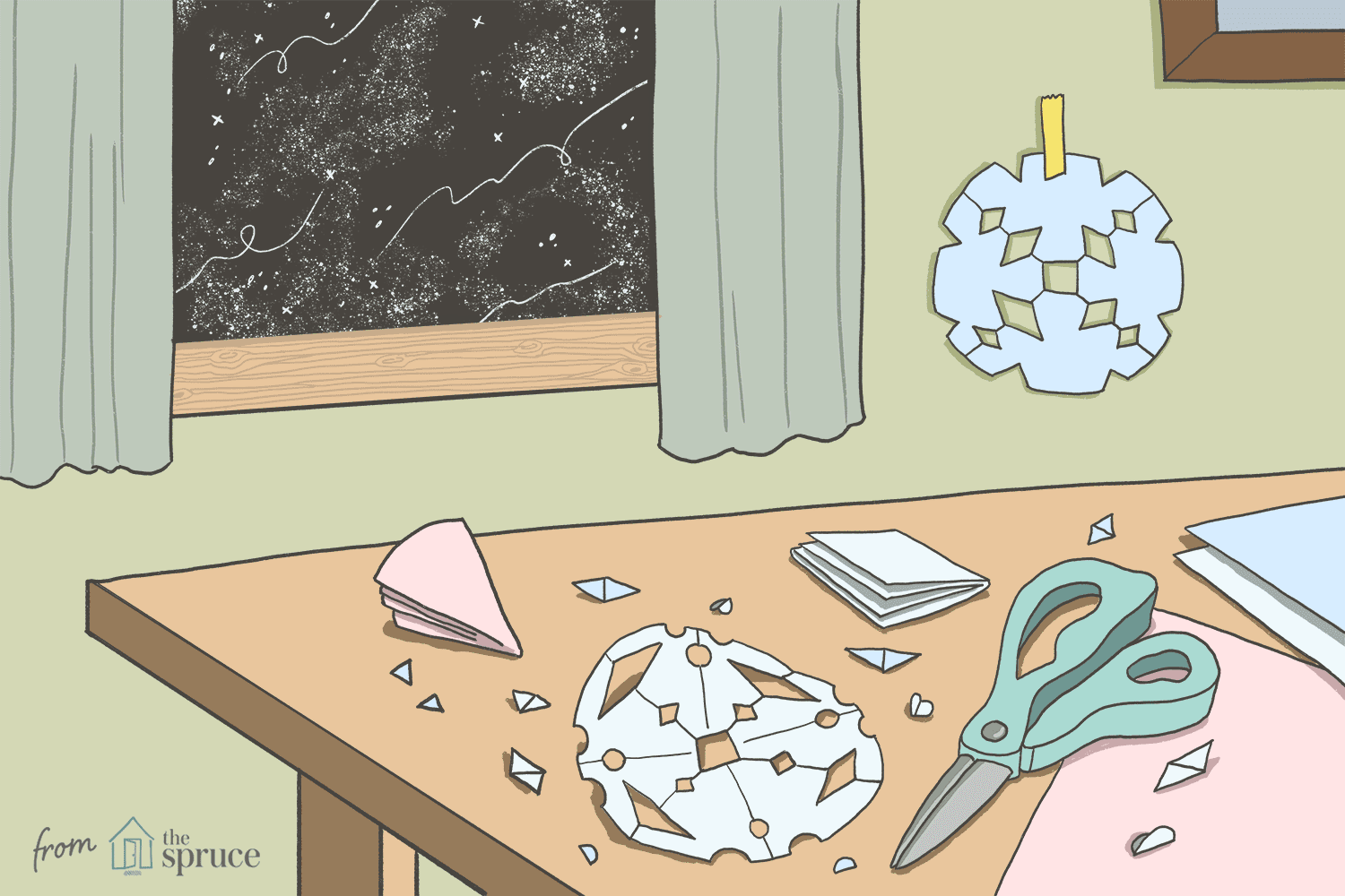 一张纸雪花被裁在桌子上的插图，窗外是冬天的夜晚