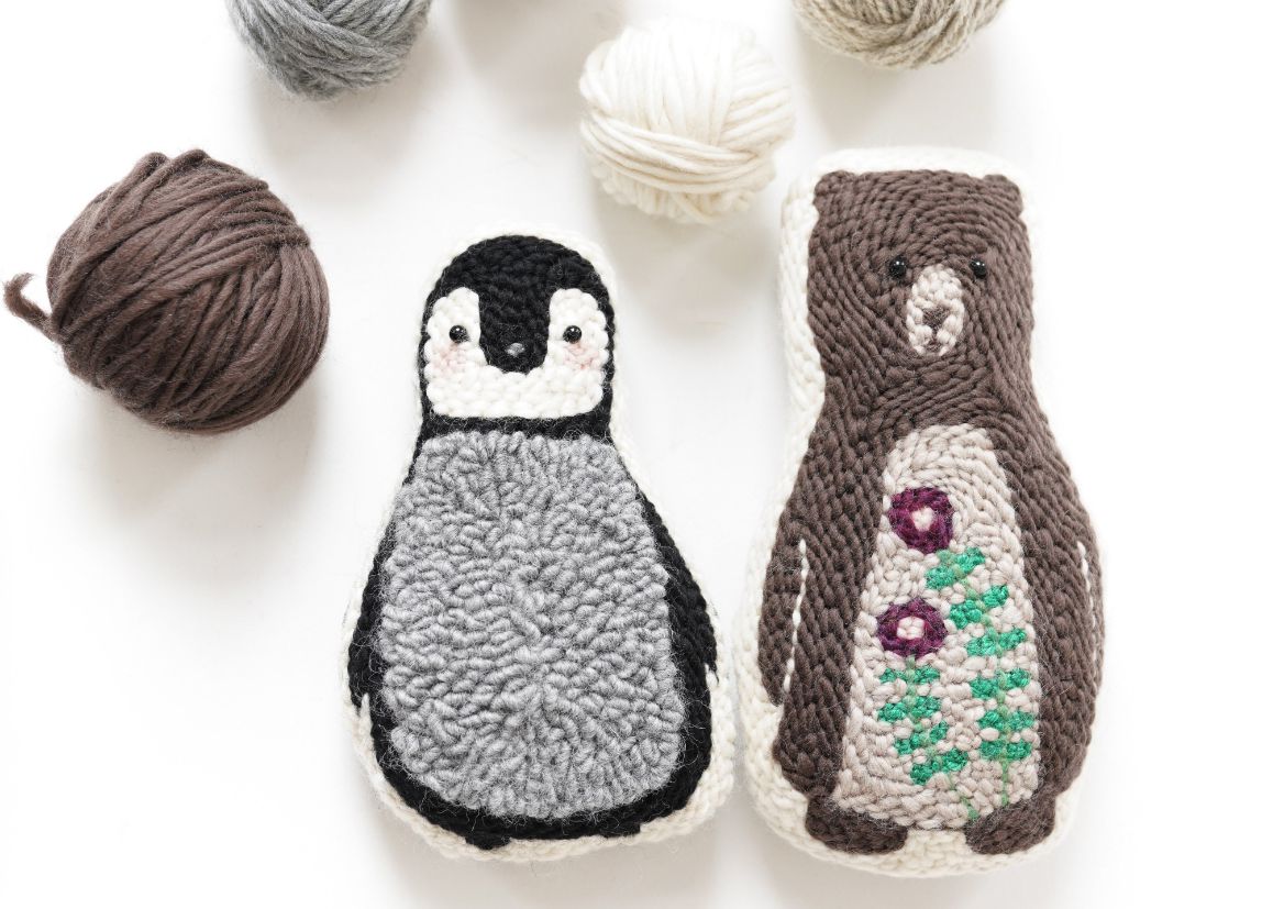 Penguin and bear punch needle stuffed animals