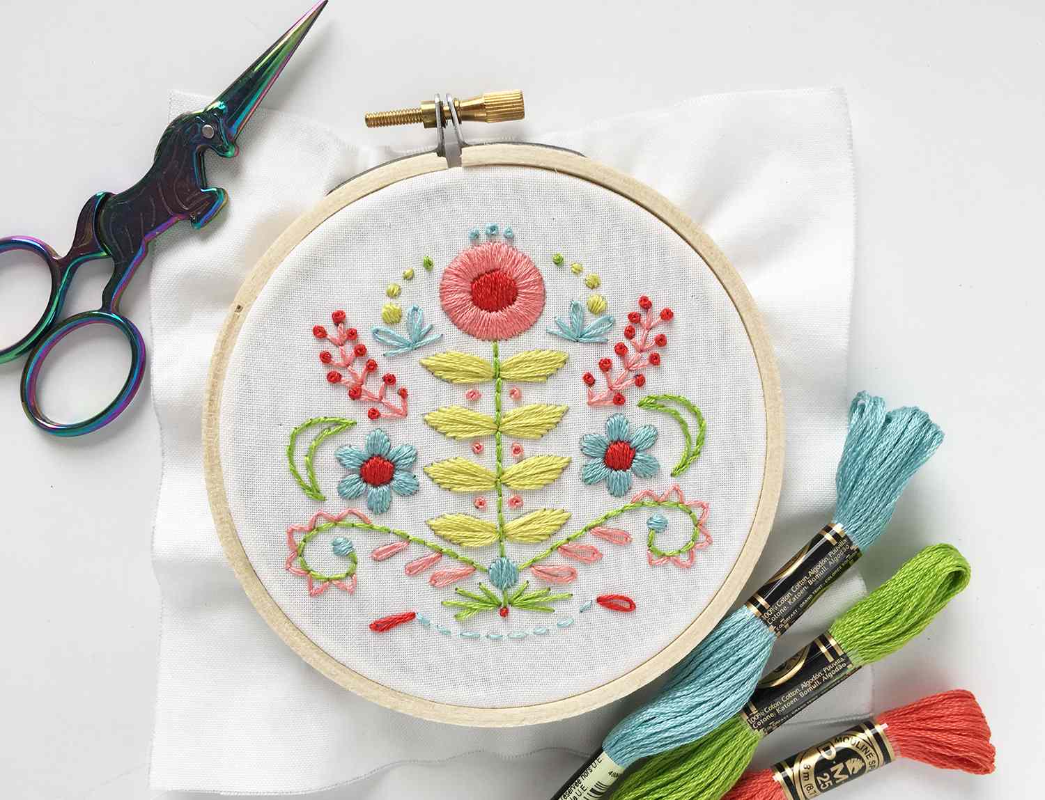 Folk Art Flowers Embroidery Sampler Printed Pattern
