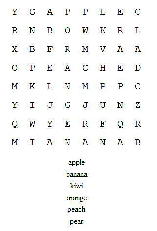 一个带有水果单词的单词搜索拼图的截图