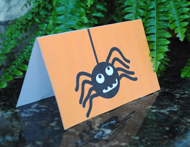 橙色万圣节卡片上的蜘蛛。