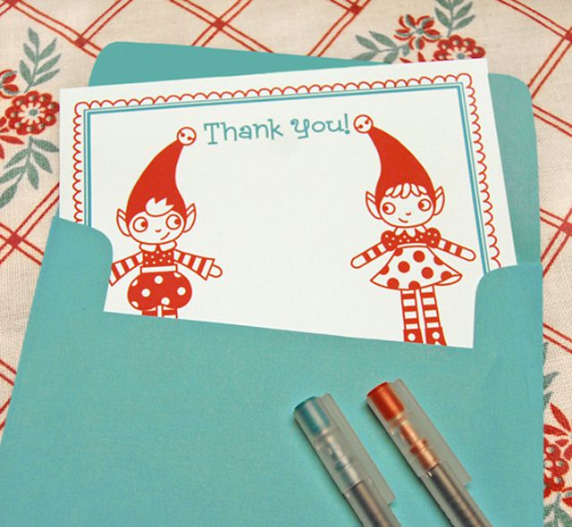 正面有两个红色小精灵的圣诞感谢卡。