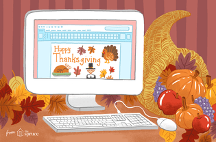 说明电脑屏幕上的“感恩节快乐”字和其他剪贴画在屏幕上。这是一个聚宝盆