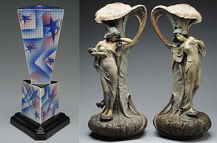 左图为捷克斯洛伐克的装饰艺术花瓶(迪特玛·乌尔巴赫喷枪设计);一对新艺术风格的花瓶(Ernst Wahlis)右图