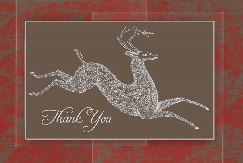 圣诞感谢卡，前面有一只粉笔风格的驯鹿。