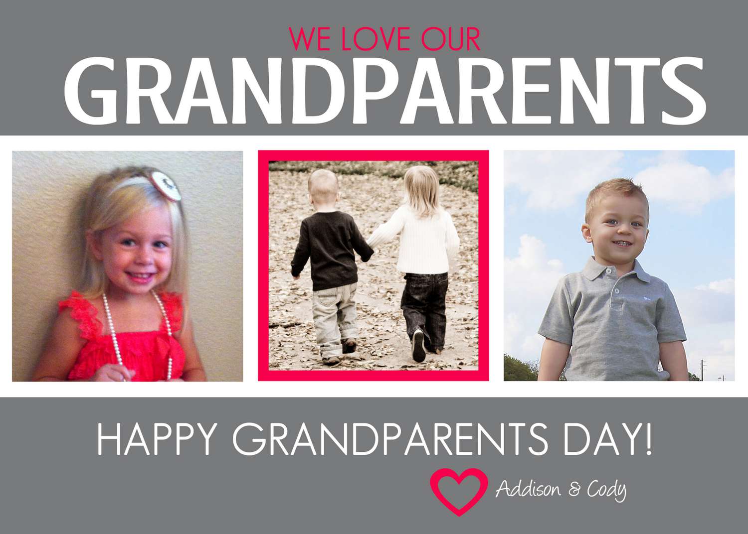 一张粉红色和灰色的祖父母节卡片。