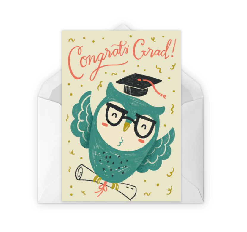 “祝贺你，毕业生!”还有一只戴着帽子的猫头鹰