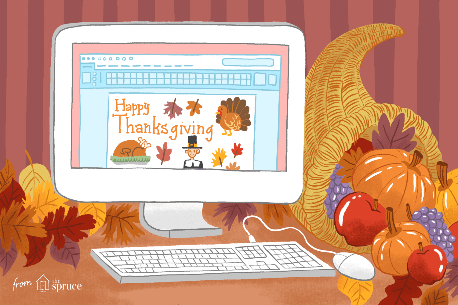 说明电脑屏幕上的“感恩节快乐”字和其他剪贴画在屏幕上。这是一个聚宝盆