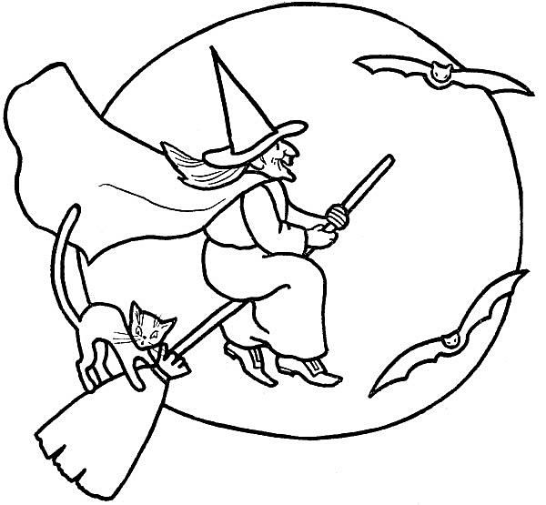 一个骑在飞天扫帚上的女巫的着色页