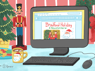 一个笔记本电脑的插图，周围有圣诞装饰，屏幕上有节日时事通讯