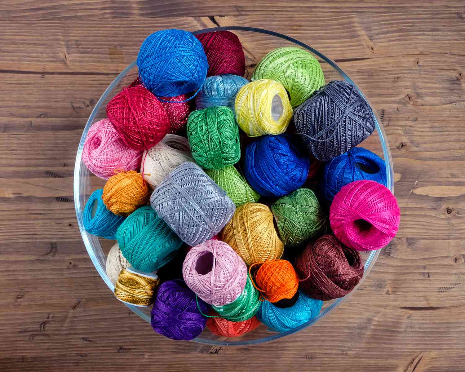 bowl of crochet thread spools