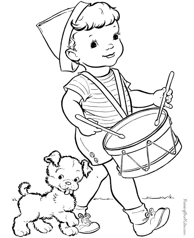 一个男孩带着鼓和小狗的涂色页