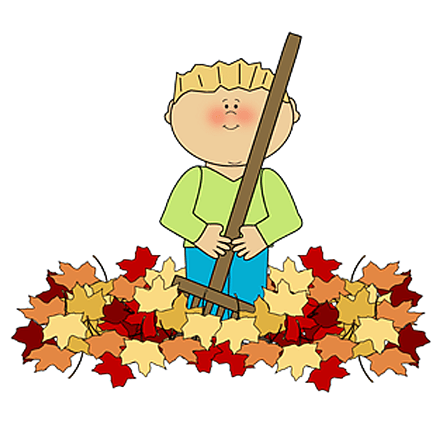Illustration of a boy raking leaves