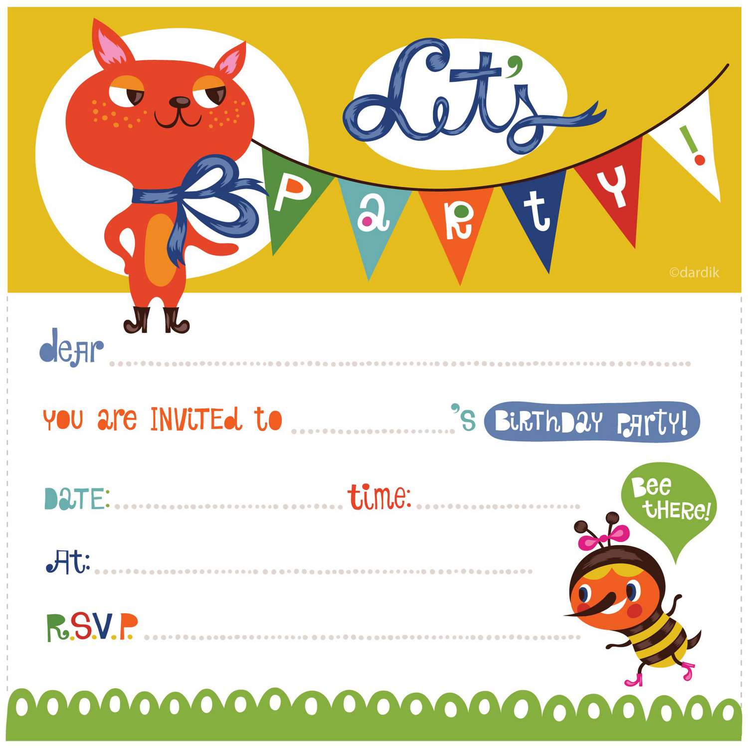 A "Let's Party" birthday invite with a bee and cat.