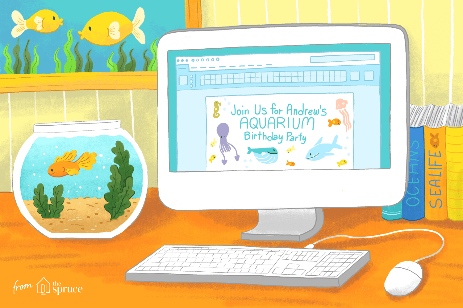 A computer next to a fish bowl and aquatic life books with an aquarium birthday party invite on the screen