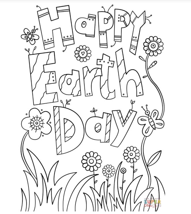 有鲜花和“地球日快乐”字样的涂色页