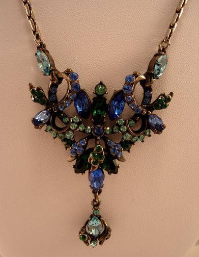 Circa: 1950s Hollycraft Blue & Green Rhinestone Necklace