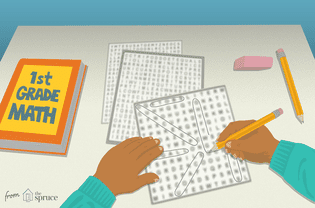 一个孩子在一年级的数学书旁边做单词搜索的插图