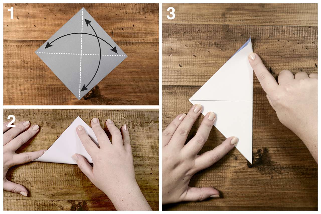 把正方形折成三角形，做成折纸帆船。