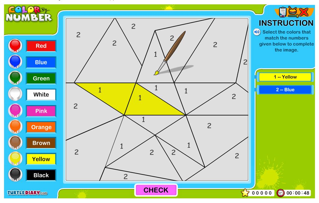 通过数字游戏将在线颜色上的形状涂成黄色