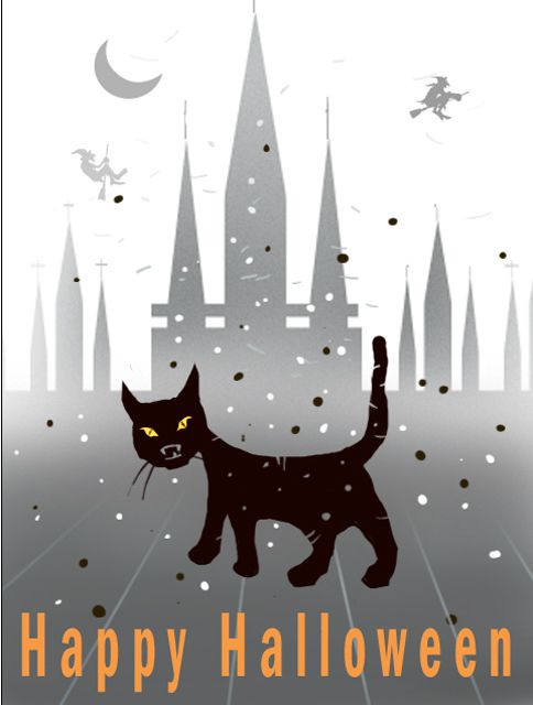 一张万圣节卡片，上面有一只黑猫。