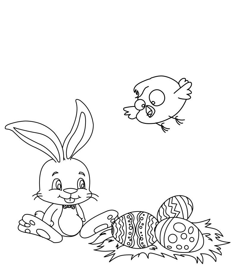 一只复活节兔子、小鸡和鸡蛋