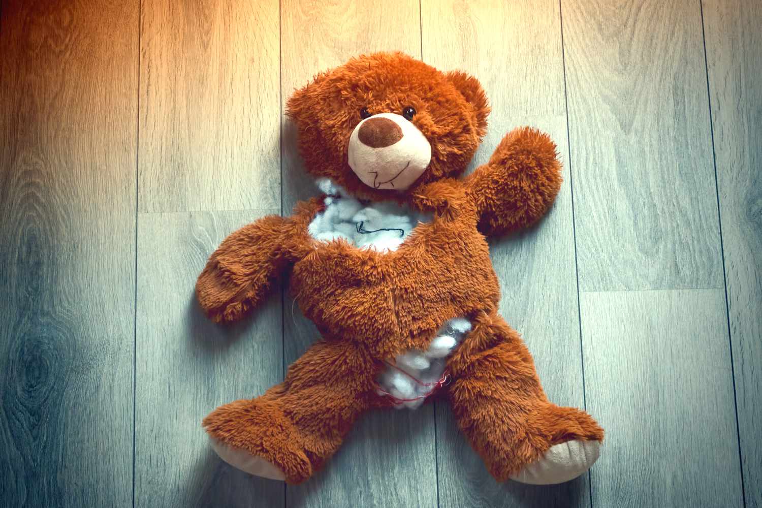 高角度看撕裂的泰迪熊在木地板上