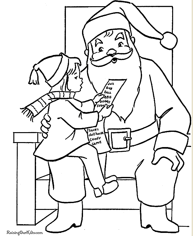 圣诞老人的涂色页上有一个女孩坐在圣诞老人的腿上