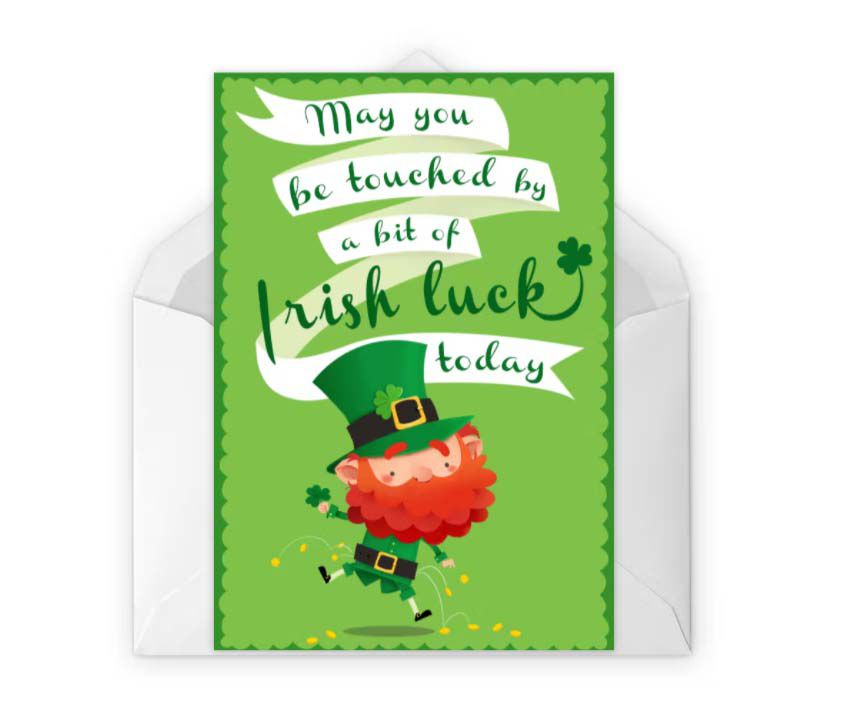 一张绿色的圣帕特里克节卡片，上面有个小妖精