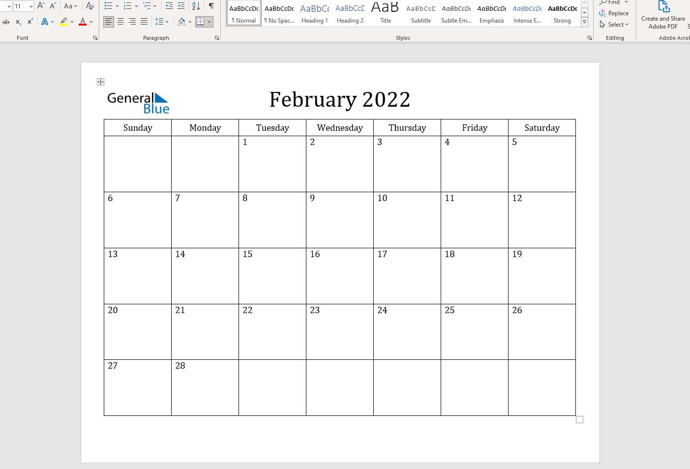 2022年2月日历模板