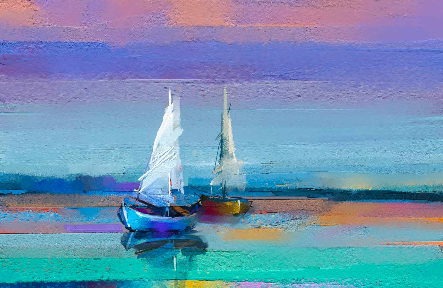 印象派的形象与阳光海景画背景。现代艺术油画与船,在海上航行。