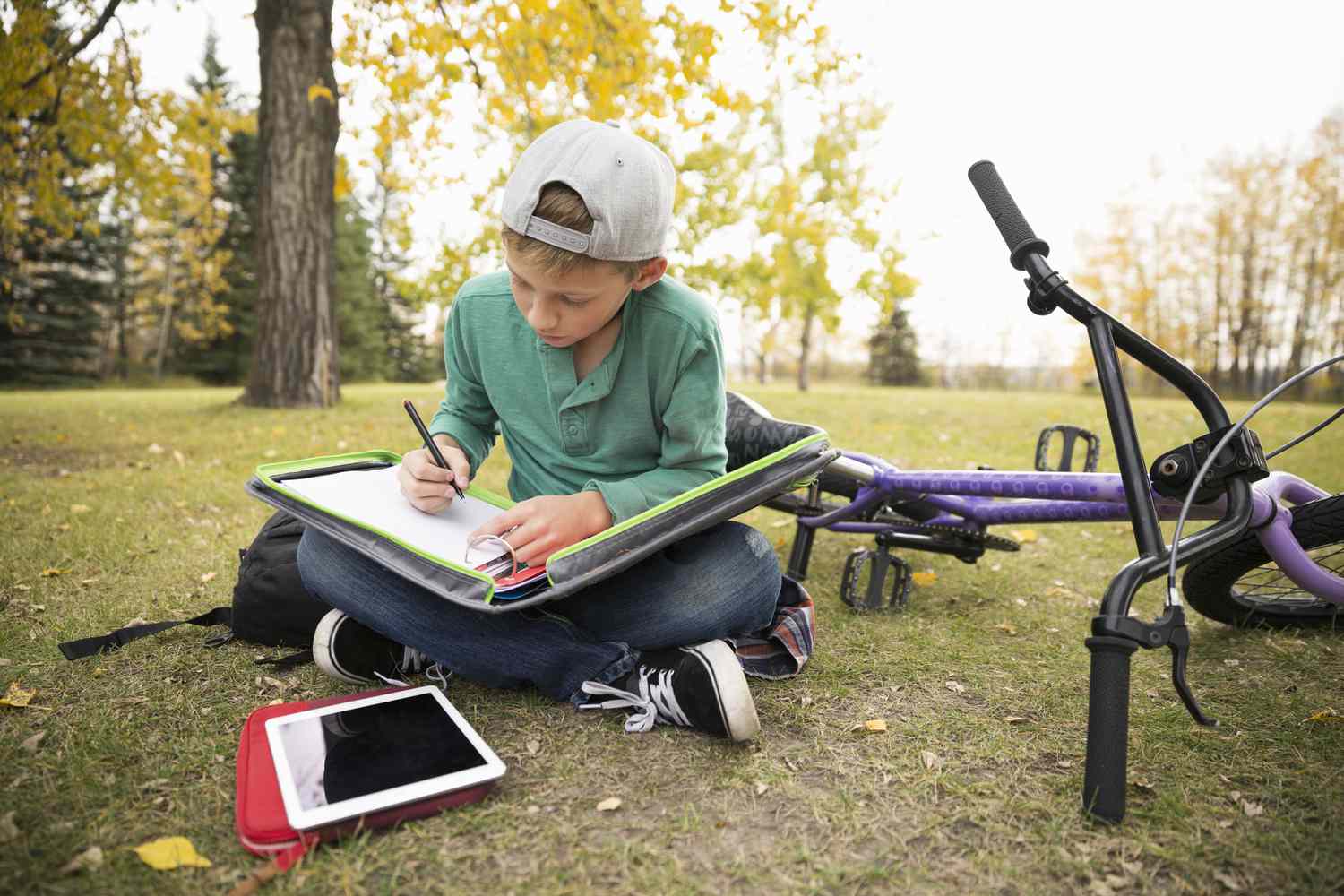 渐变的男孩做作业在秋天的公园