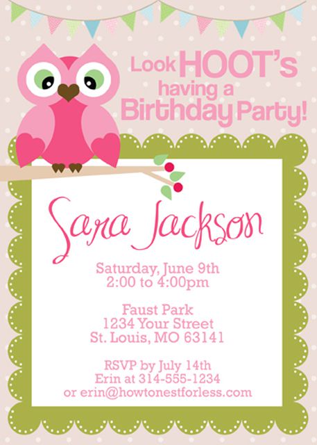 A pink owl birthday party invite