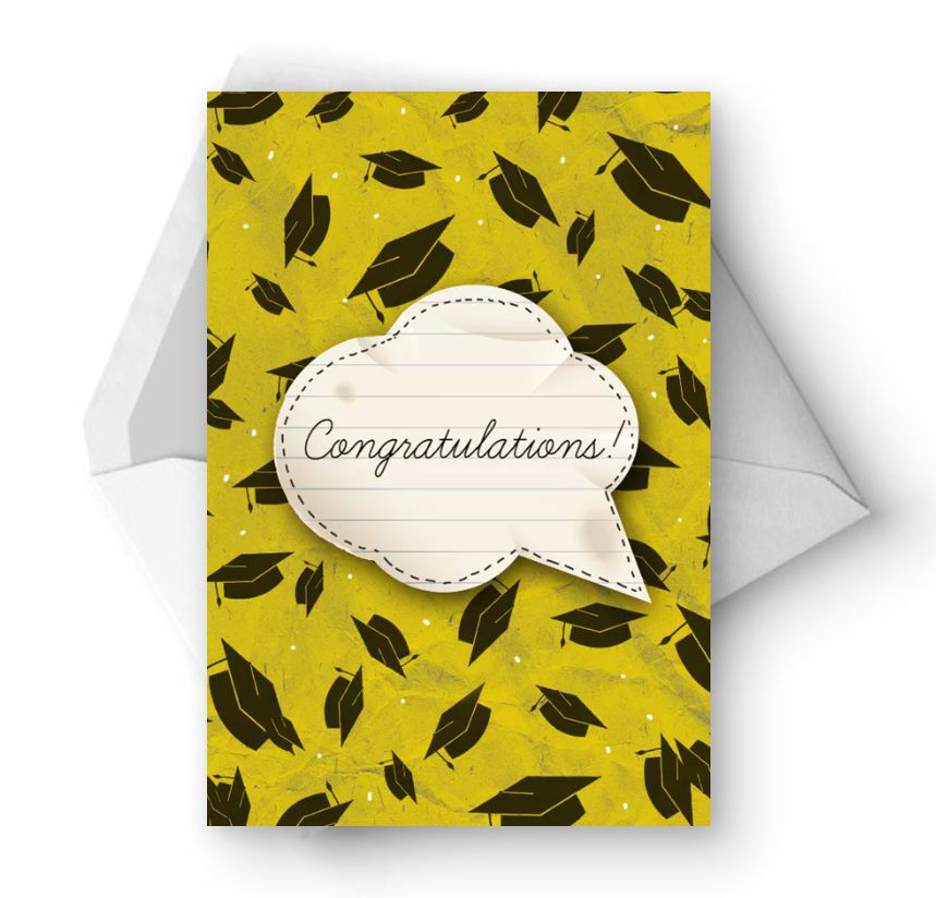 一张黑黄相间的毕业卡片，上面写着祝贺!