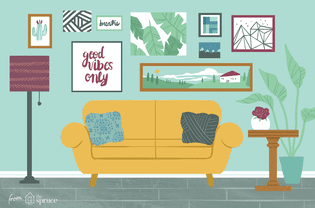 An illustration of a room that has several pieces of artwork hanging up behind a yellow couch